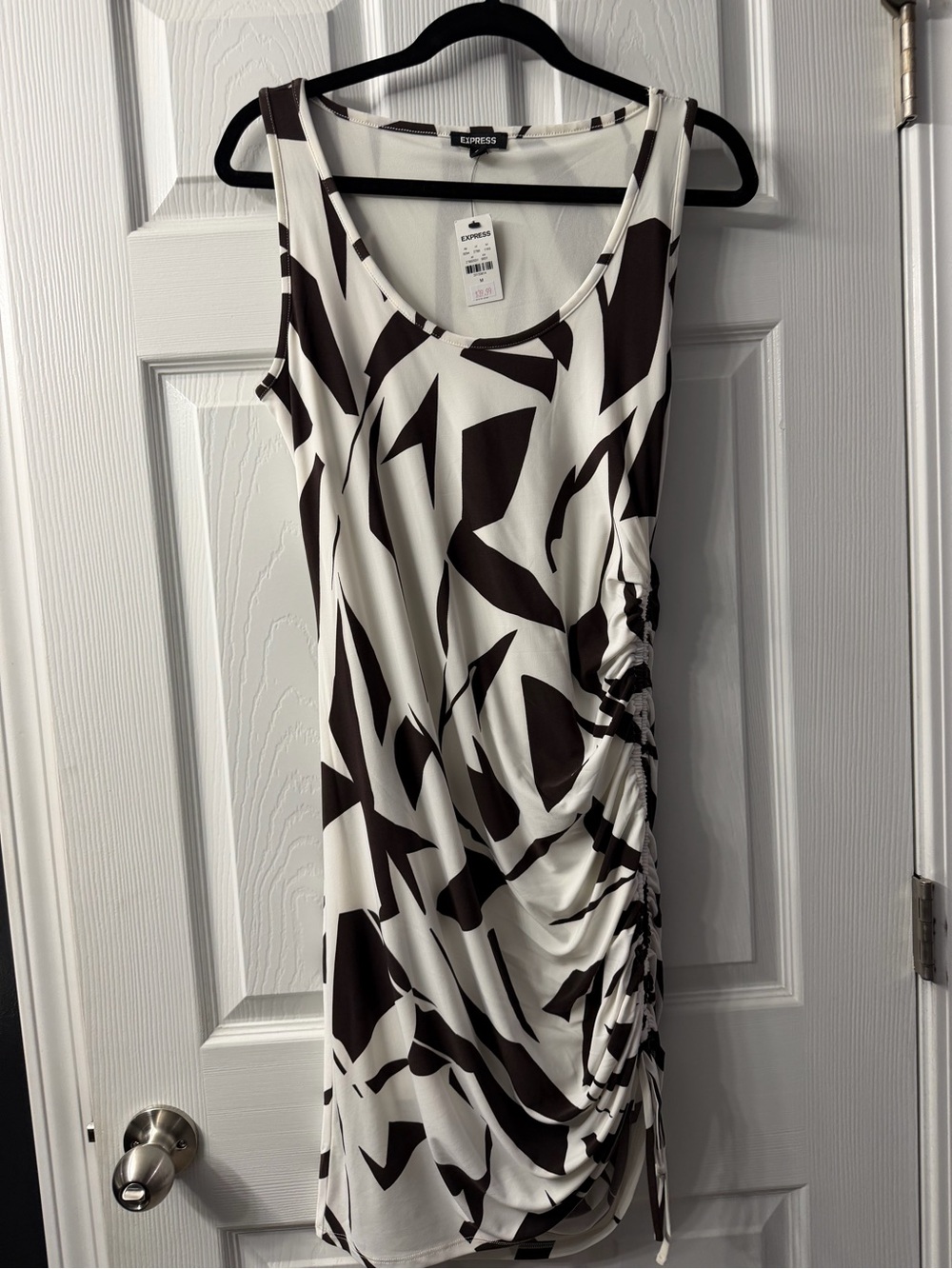 Express White and Brown Abstract Ruched Tank Midi Dress